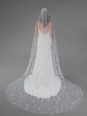 Long White Bridal Veil with Floral Appliqué